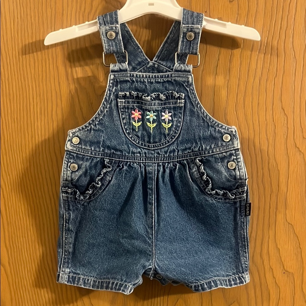 Vintage Carter's Blue Denim Overalls with‎ Flower Embroidery 9-12M